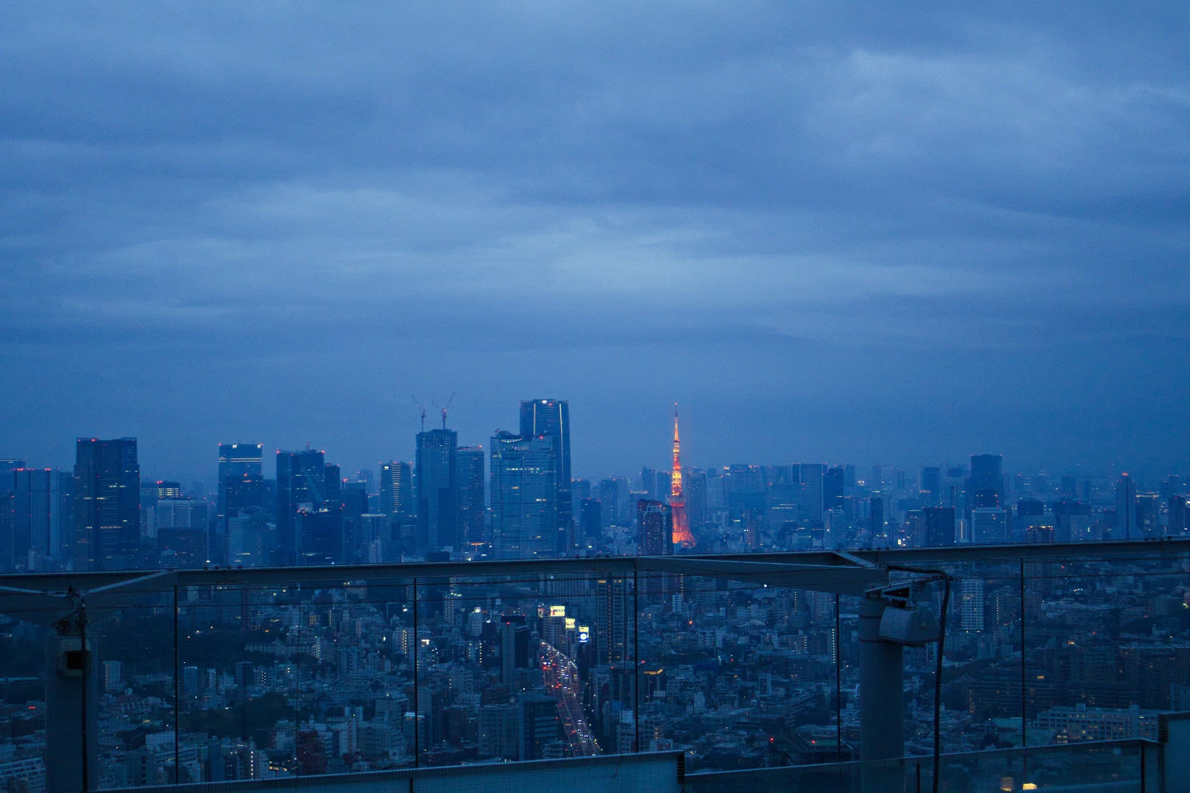 A dense financial-district skyline seen from a distance at dusk.
